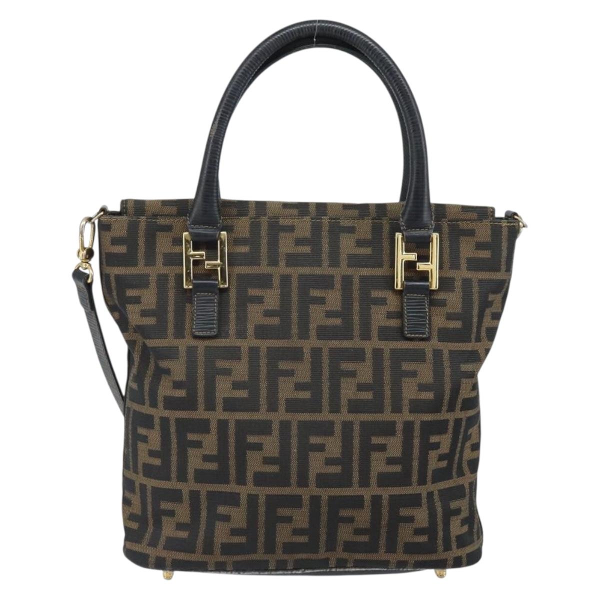 FENDI Zucca Canvas Hand Bag 2way Black Brown gold Auth 165068