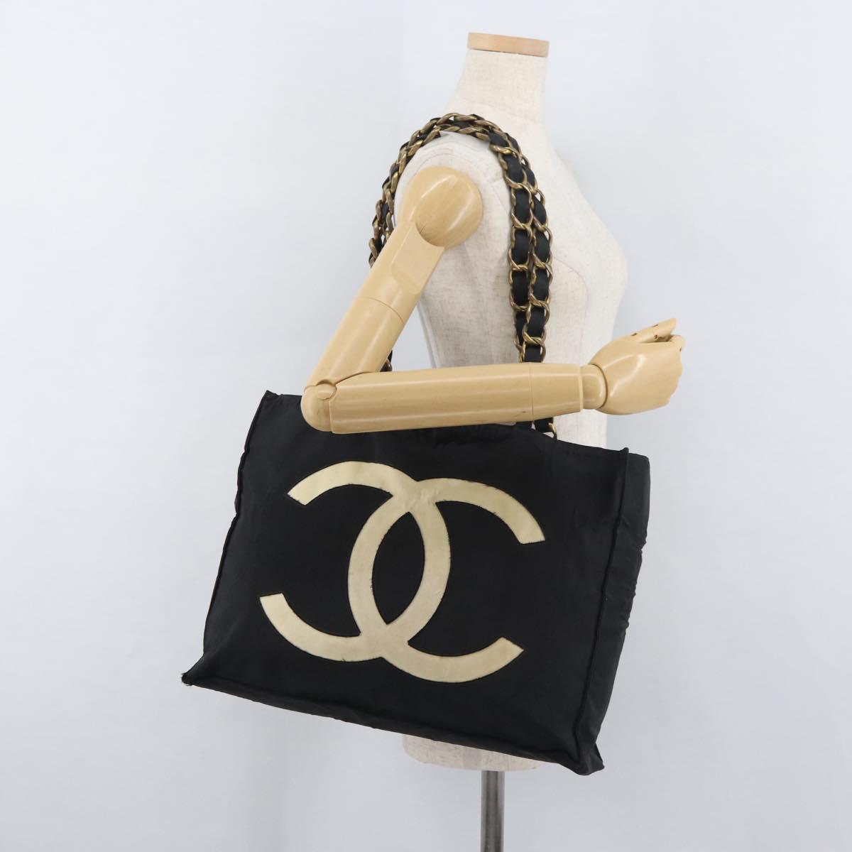 CHANEL COCO Mark Chain Tote Bag Nylon Black Gold CC Auth 165069