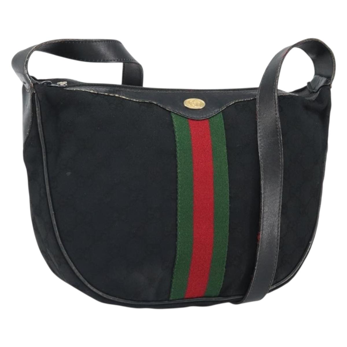 GUCCI GG Canvas Web Sherry Line Shoulder Bag Black Gold 010 378 Auth 165196