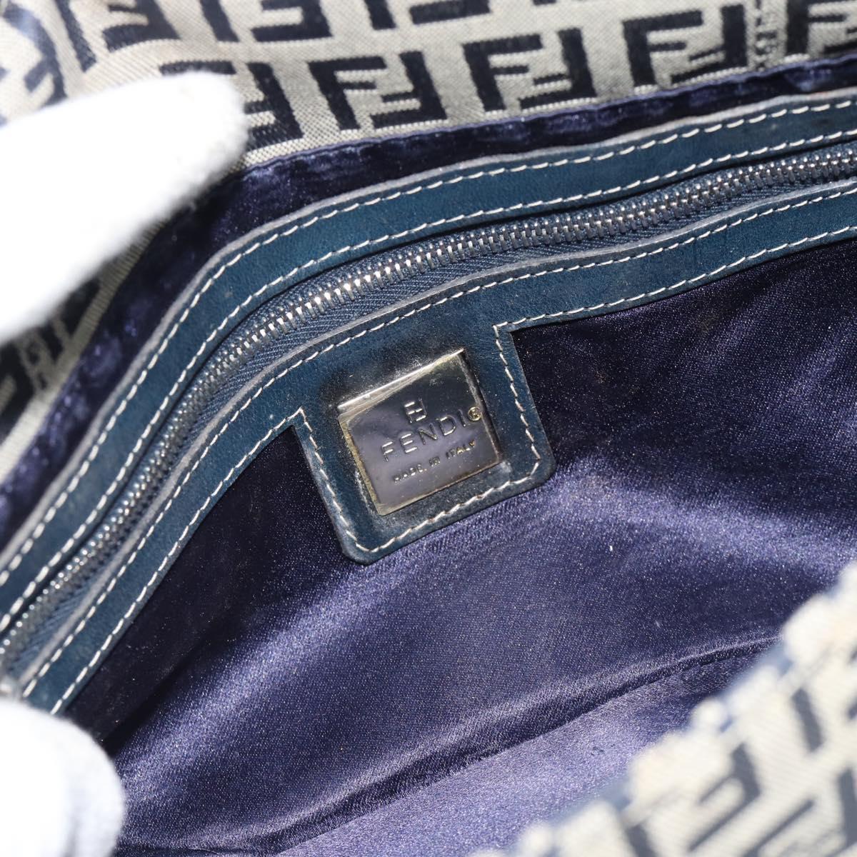 FENDI Zucchino Canvas Mamma Baguette Shoulder Bag Navy Silver Auth 165203