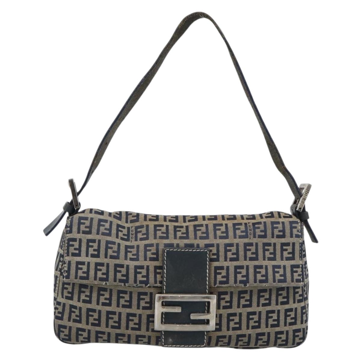 FENDI Zucchino Canvas Mamma Baguette Shoulder Bag Navy Silver Auth 165203