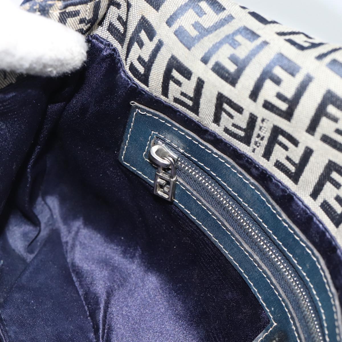 FENDI Zucchino Canvas Mamma Baguette Shoulder Bag Navy Silver Auth 165203