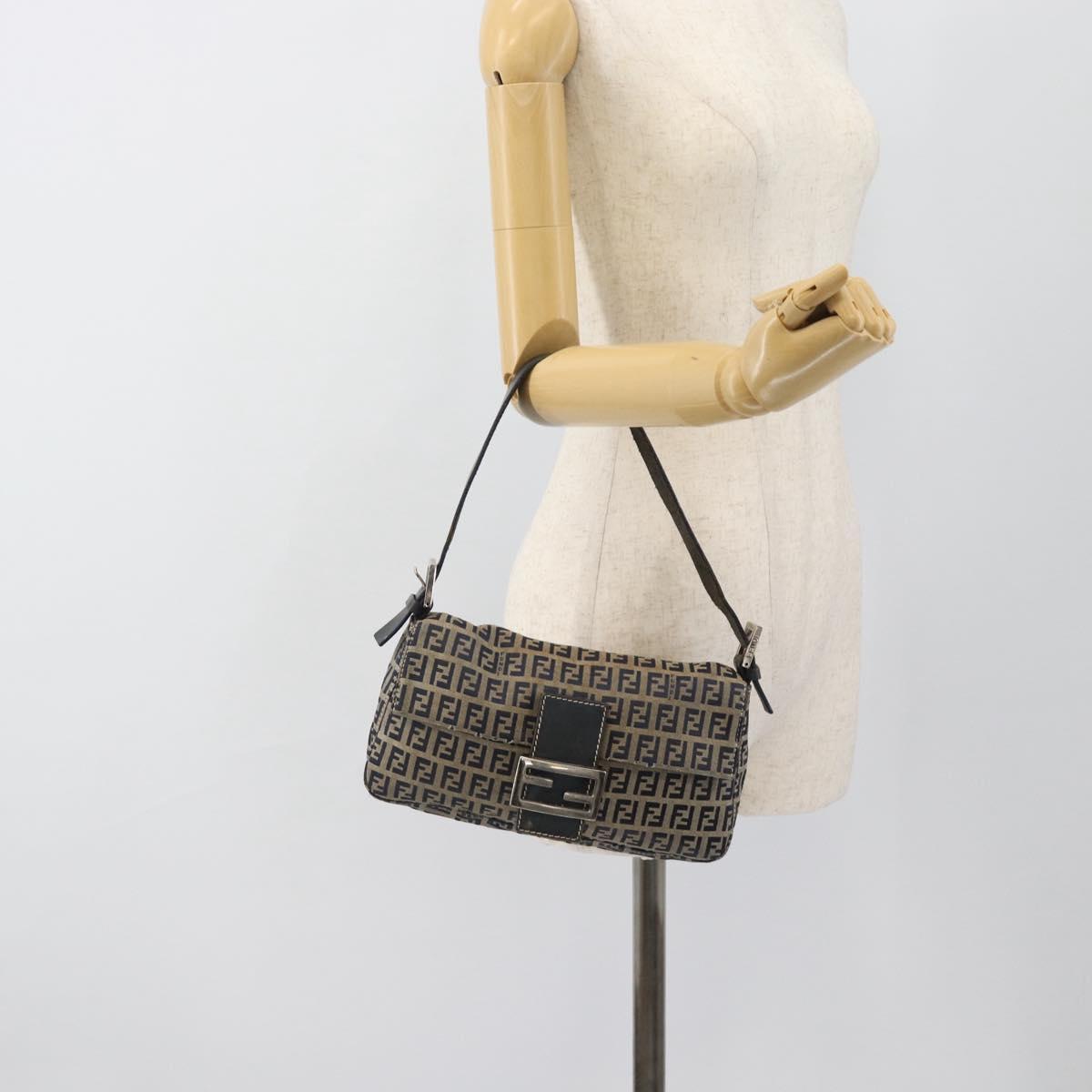 FENDI Zucchino Canvas Mamma Baguette Shoulder Bag Navy Silver Auth 165203