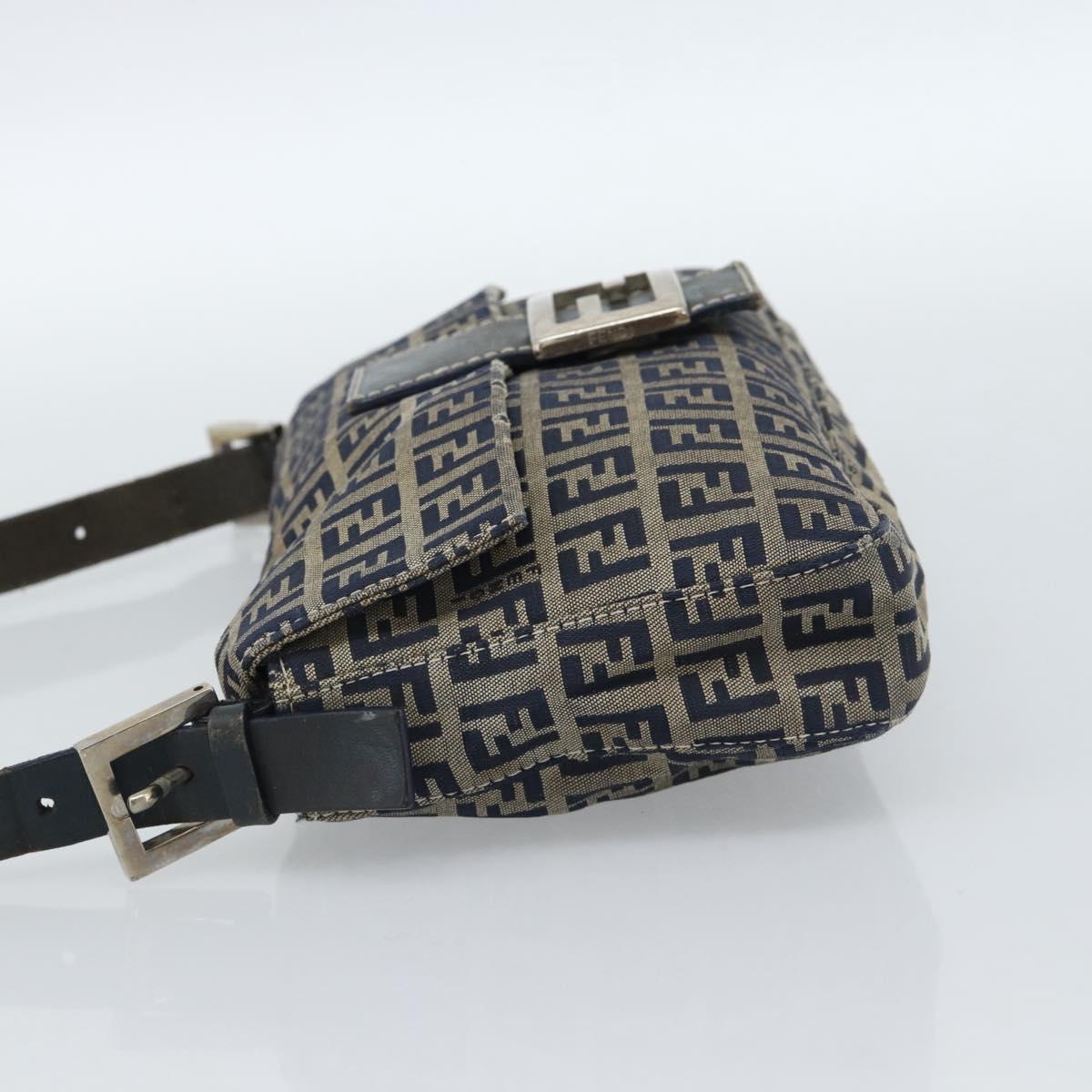 FENDI Zucchino Canvas Mamma Baguette Shoulder Bag Navy Silver Auth 165203