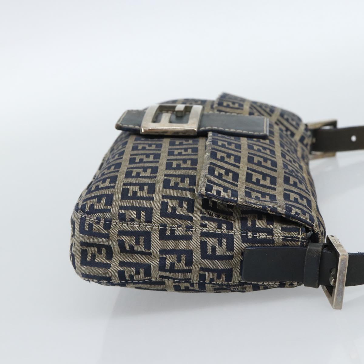 FENDI Zucchino Canvas Mamma Baguette Shoulder Bag Navy Silver Auth 165203