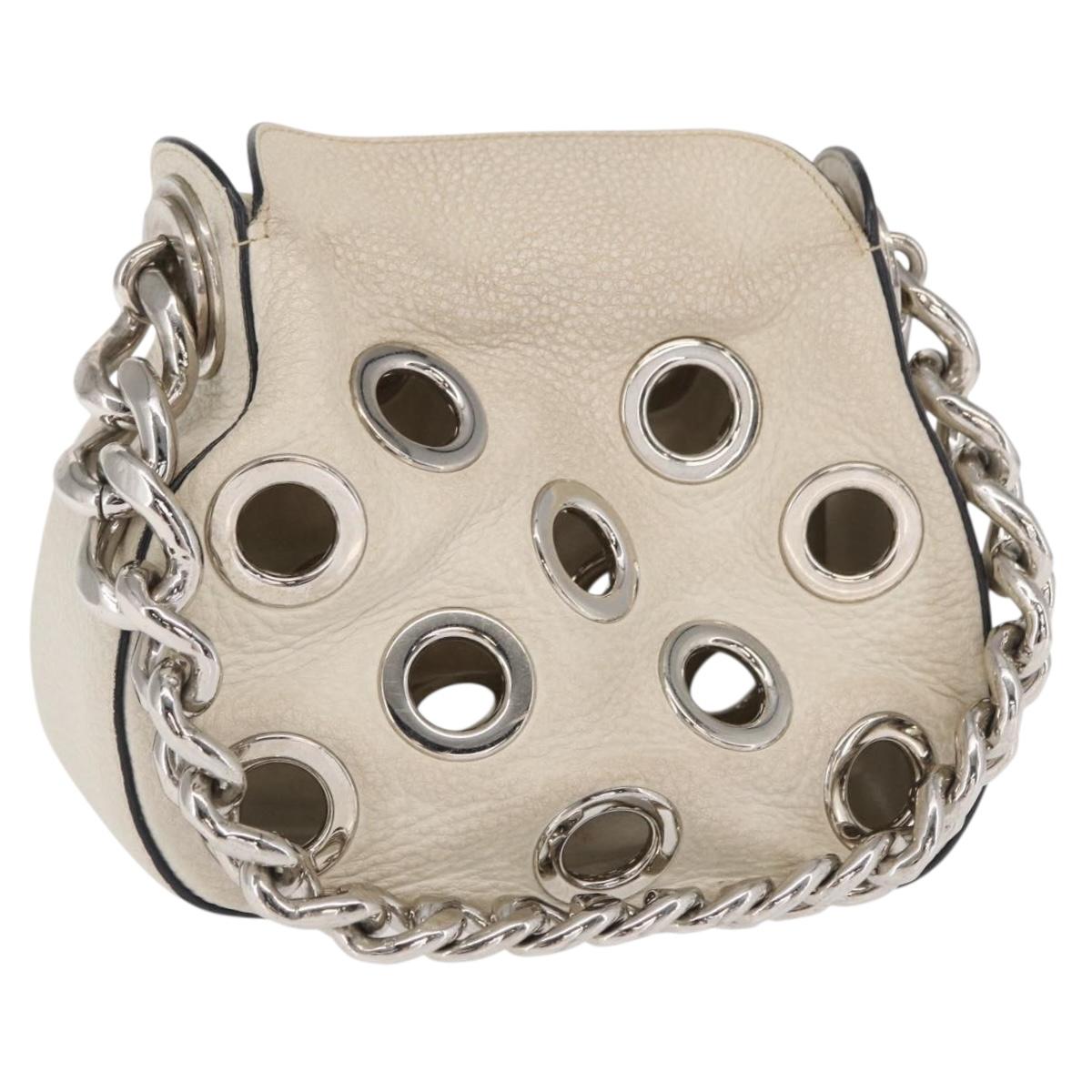 PRADA Grommet Punching Chain Hand Bag Leather Ivory Silver Auth 165205