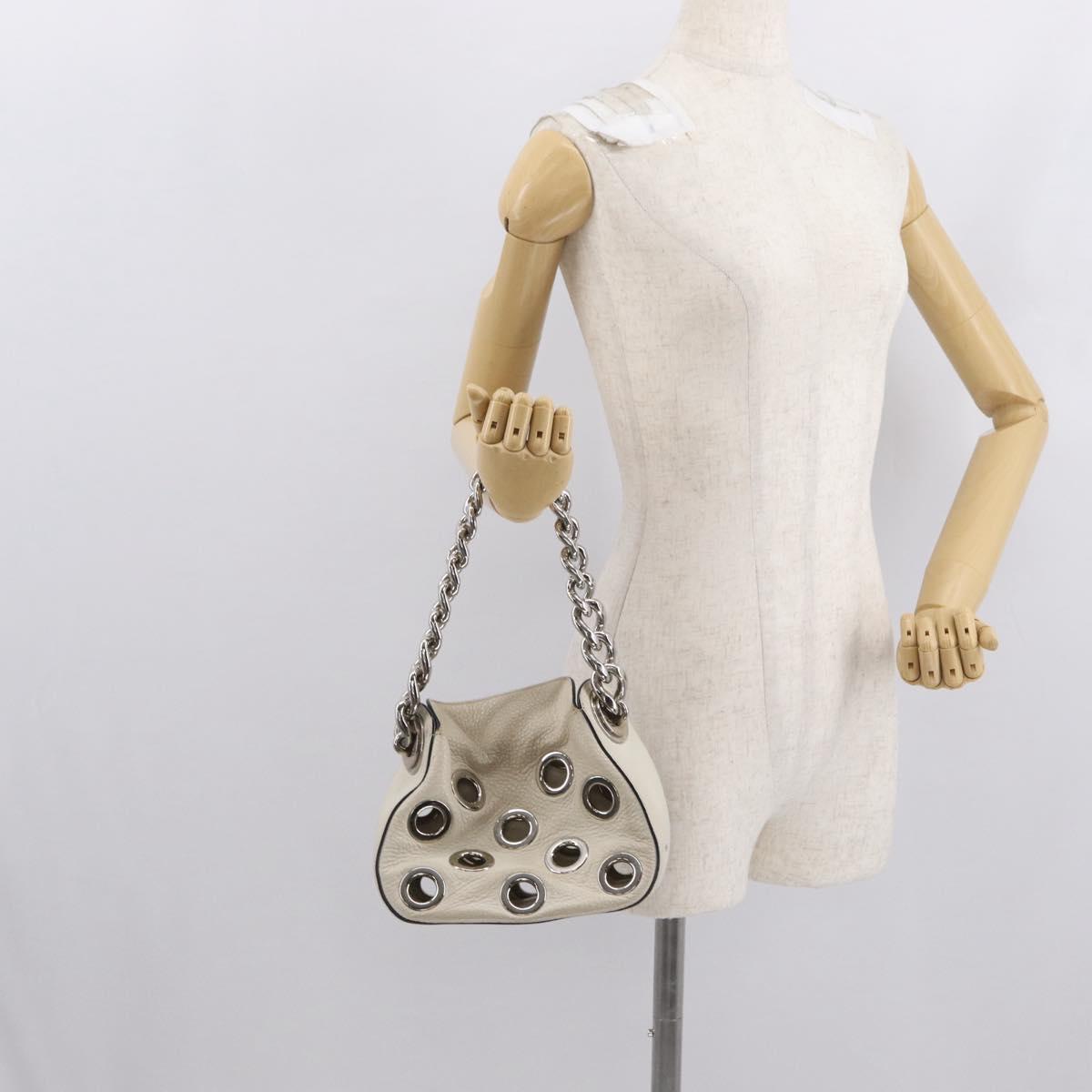 PRADA Grommet Punching Chain Hand Bag Leather Ivory Silver Auth 165205