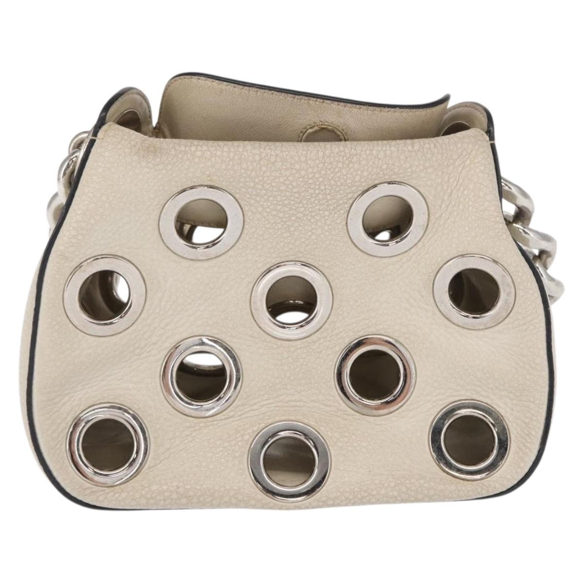 PRADA Grommet Punching Chain Hand Bag Leather Ivory Silver Auth 165205