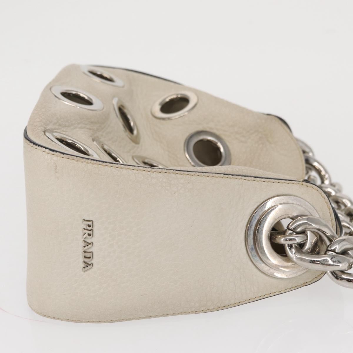 PRADA Grommet Punching Chain Hand Bag Leather Ivory Silver Auth 165205