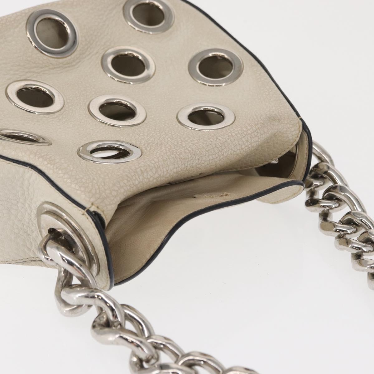 PRADA Grommet Punching Chain Hand Bag Leather Ivory Silver Auth 165205