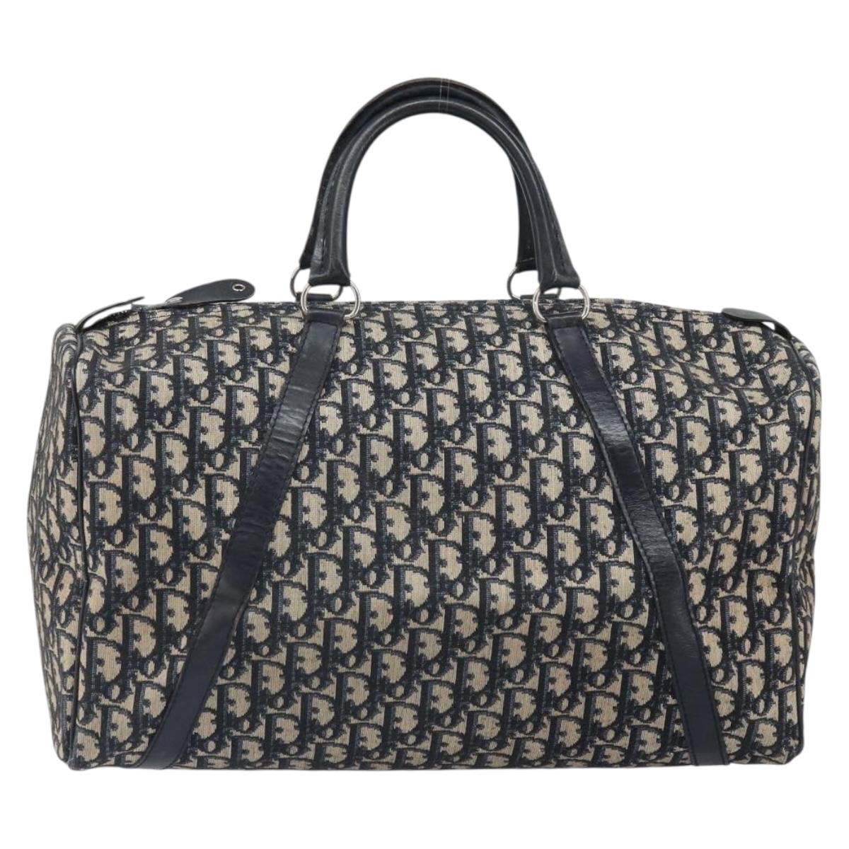Christian Dior Trotter Canvas Boston Bag Navy Silver Auth 165227