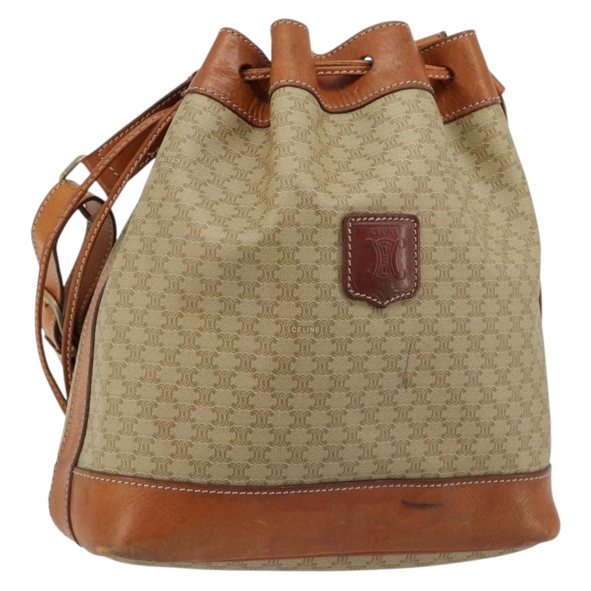 CELINE Macadam Canvas Shoulder Bag PVC Beige Gold Auth 165262