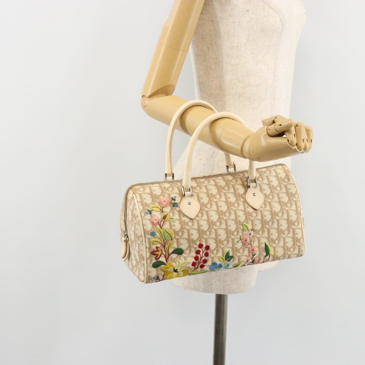 Christian Dior Trotter Canvas Romantic Hand Bag PVC Beige Silver Auth 165275V