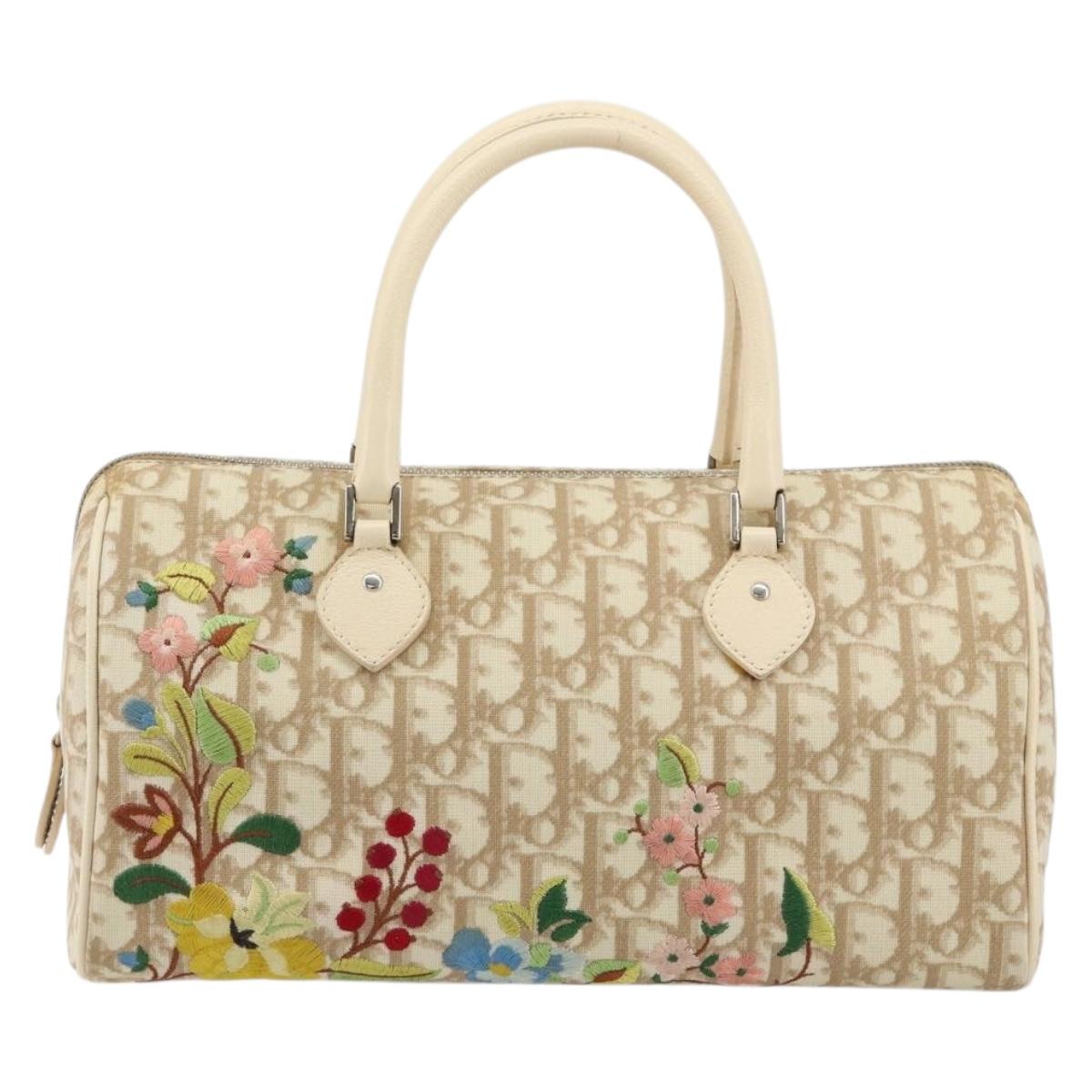 Christian Dior Trotter Canvas Romantic Hand Bag PVC Beige Silver Auth 165275V