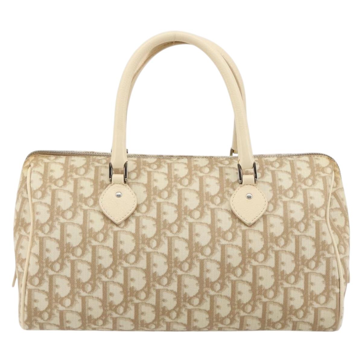 Christian Dior Trotter Canvas Romantic Hand Bag PVC Beige Silver Auth 165275V