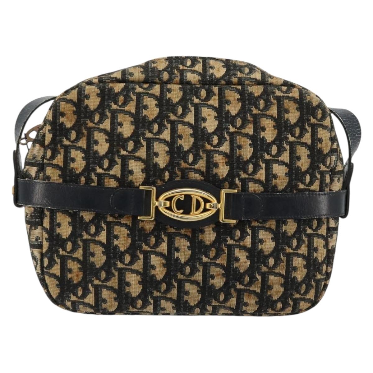 Christian Dior Trotter Canvas Shoulder Bag Navy Gold Auth 165280