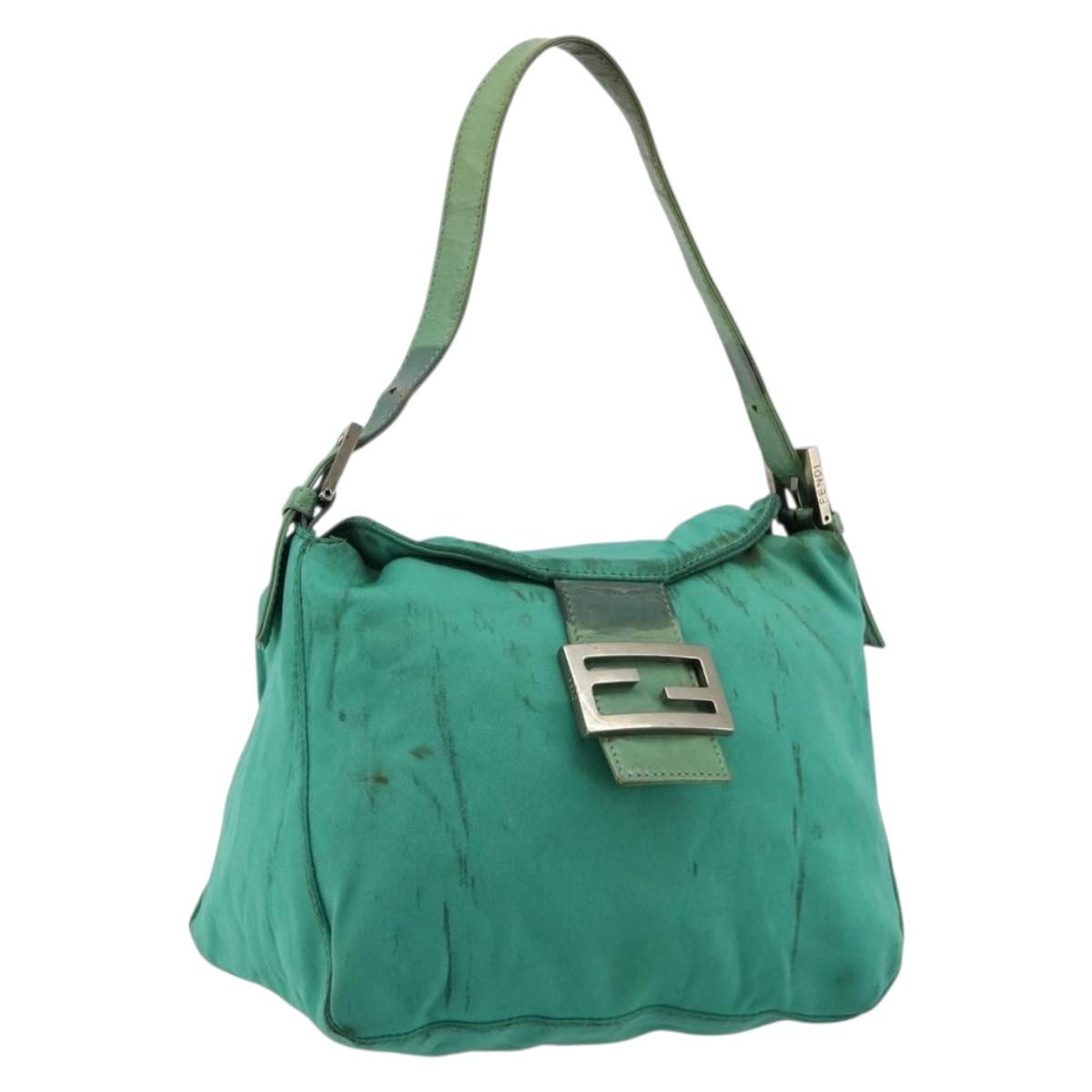 FENDI Mamma Baguette Shoulder Bag Nylon Turquoise Blue Silver Auth 165293