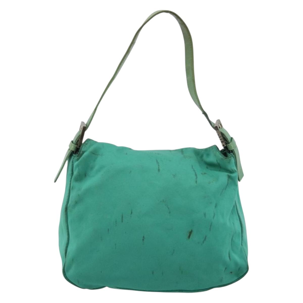 FENDI Mamma Baguette Shoulder Bag Nylon Turquoise Blue Silver Auth 165293