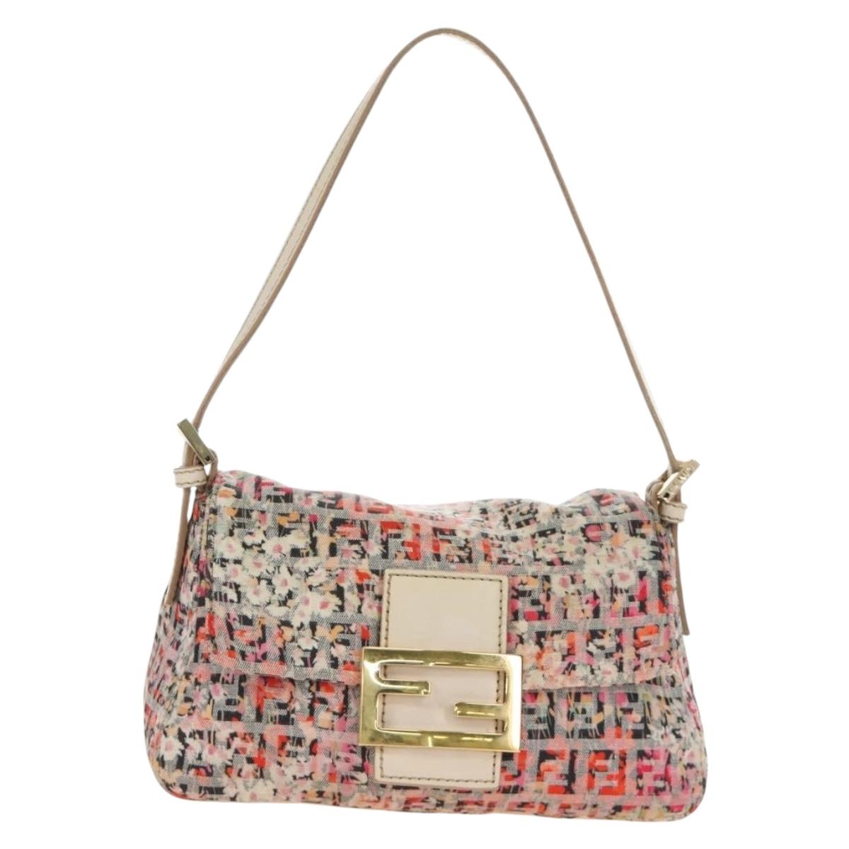 FENDI Zucchino Canvas Mamma Baguette Shoulder Bag Pink Gold Auth 165298SAV