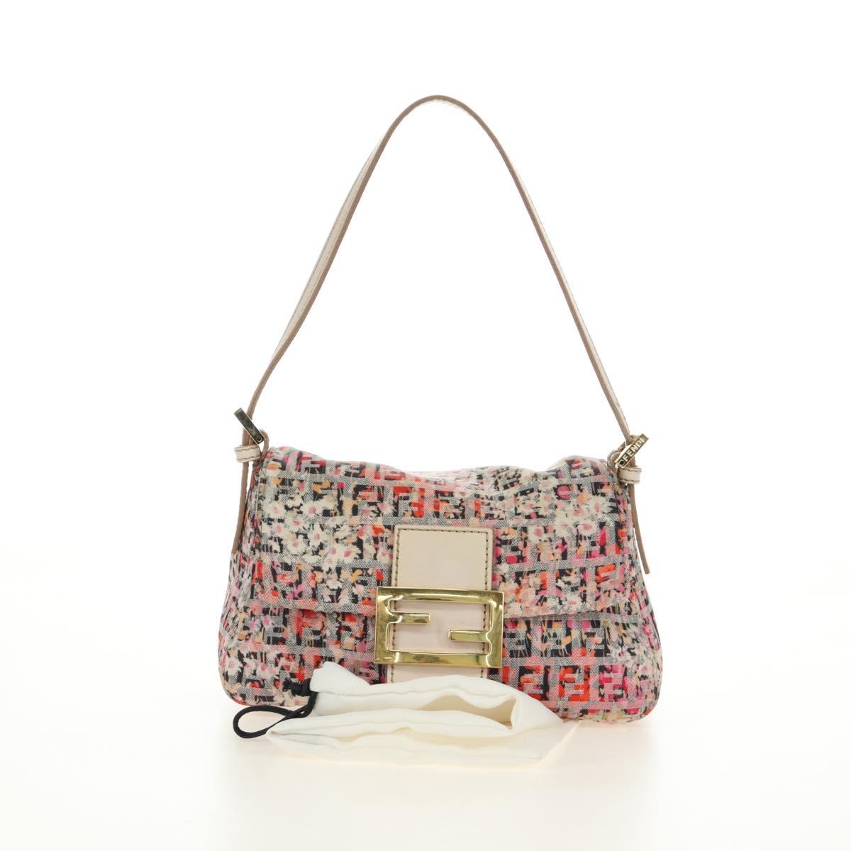 FENDI Zucchino Canvas Mamma Baguette Shoulder Bag Pink Gold Auth 165298SAV