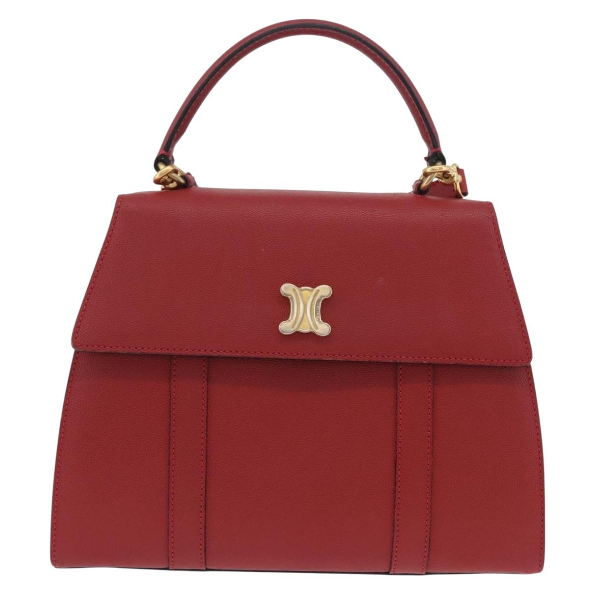CELINE Hand Bag Leather 2way Red Gold Auth 165350