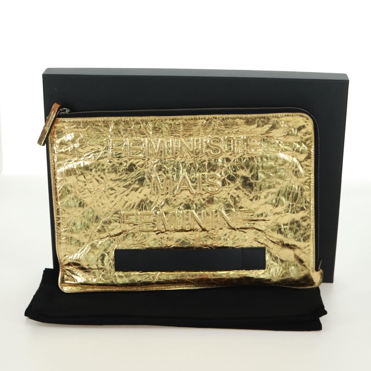 CHANEL Clutch Bag Leather Gold CC Auth 165360M