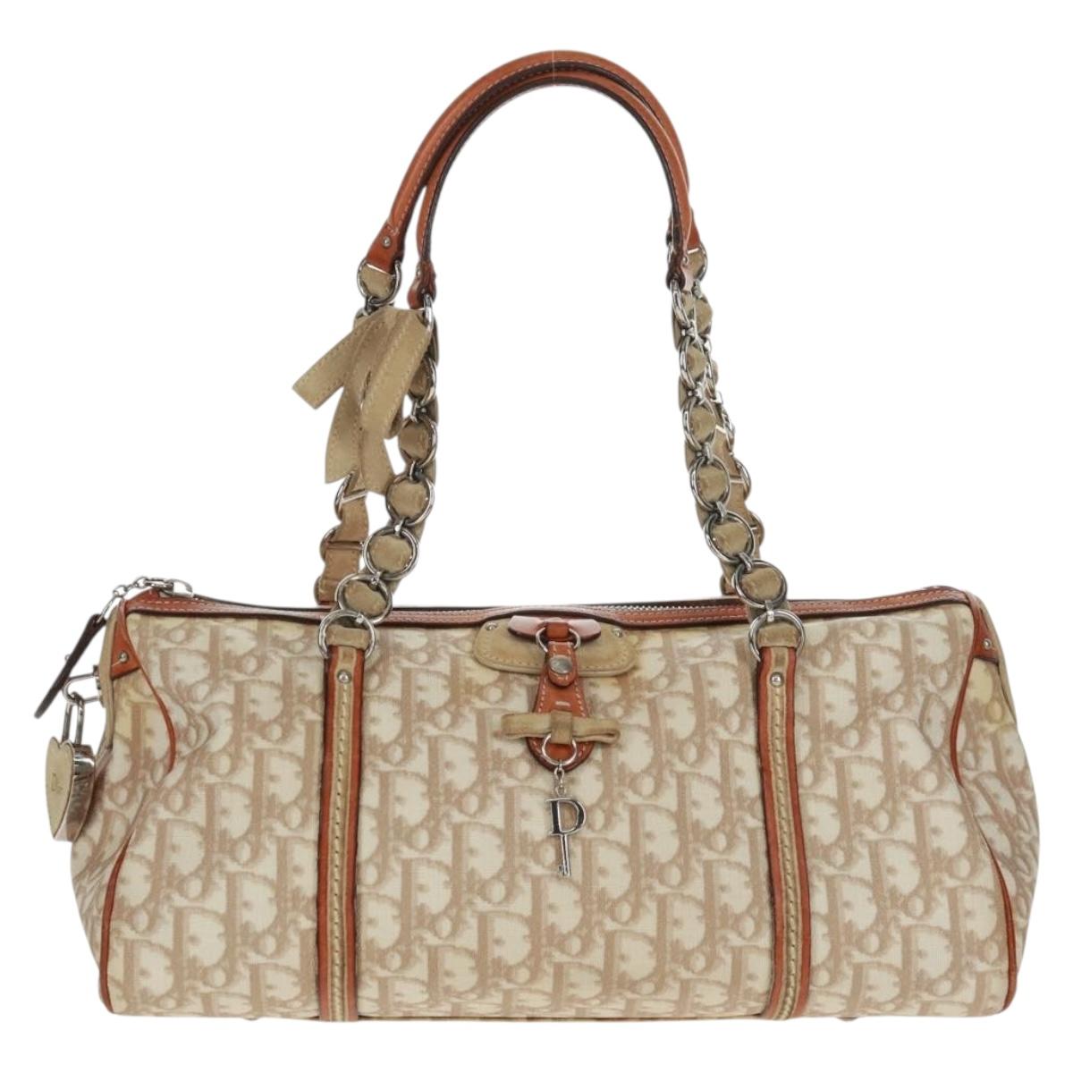 Christian Dior Trotter Canvas Romantic Bag PVC Beige Silver Auth 165370SAV