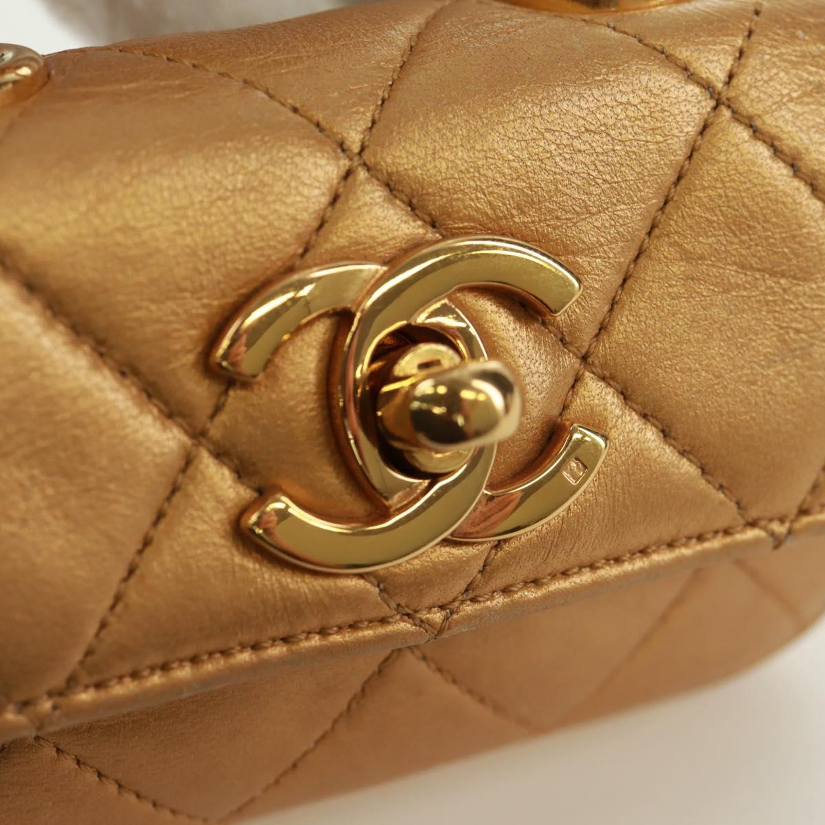 CHANEL Mini Matelasse 10 Chain Handle Pouch Lamb Skin Gold CC Auth 165375V