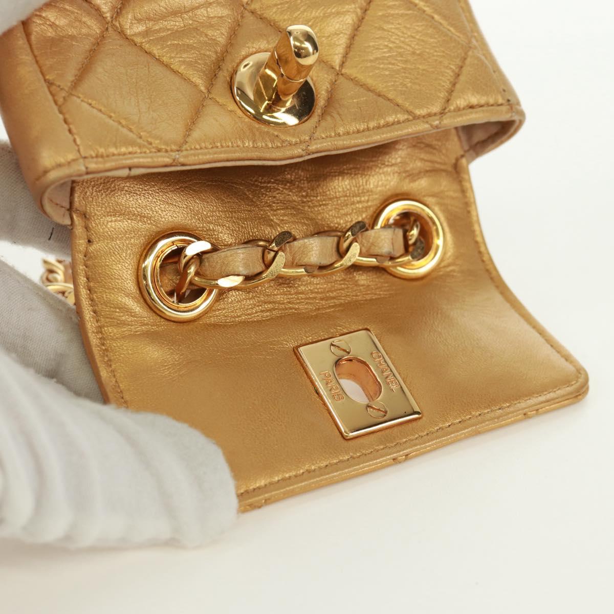 CHANEL Mini Matelasse 10 Chain Handle Pouch Lamb Skin Gold CC Auth 165375V