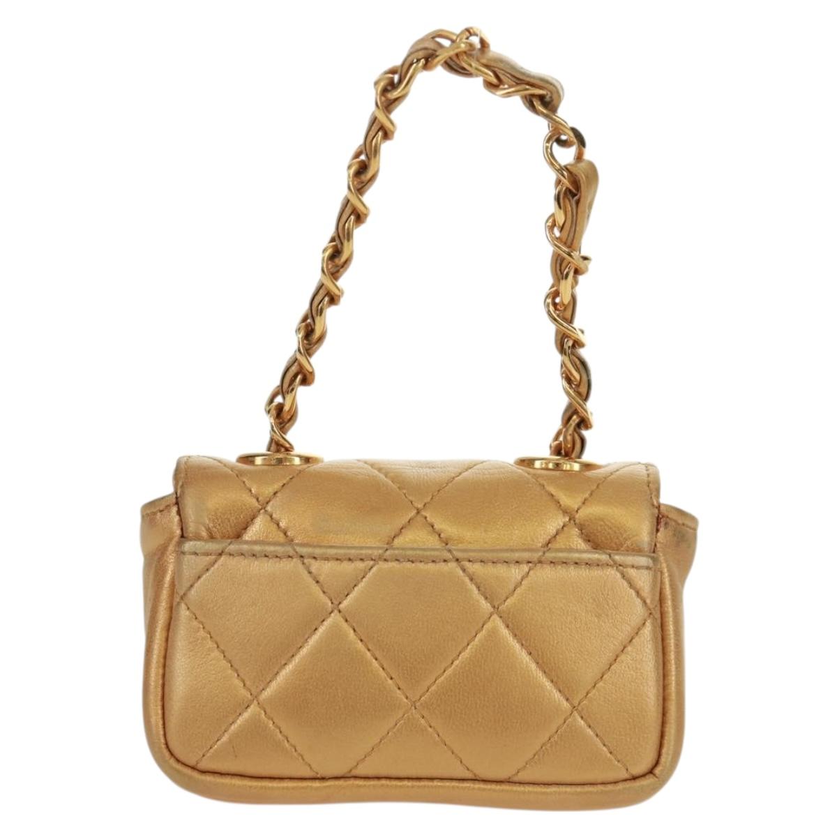 CHANEL Mini Matelasse 10 Chain Handle Pouch Lamb Skin Gold CC Auth 165375V