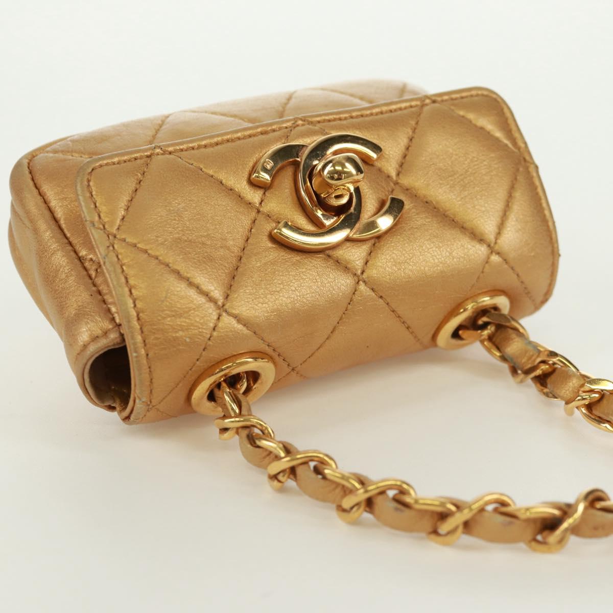 CHANEL Mini Matelasse 10 Chain Handle Pouch Lamb Skin Gold CC Auth 165375V