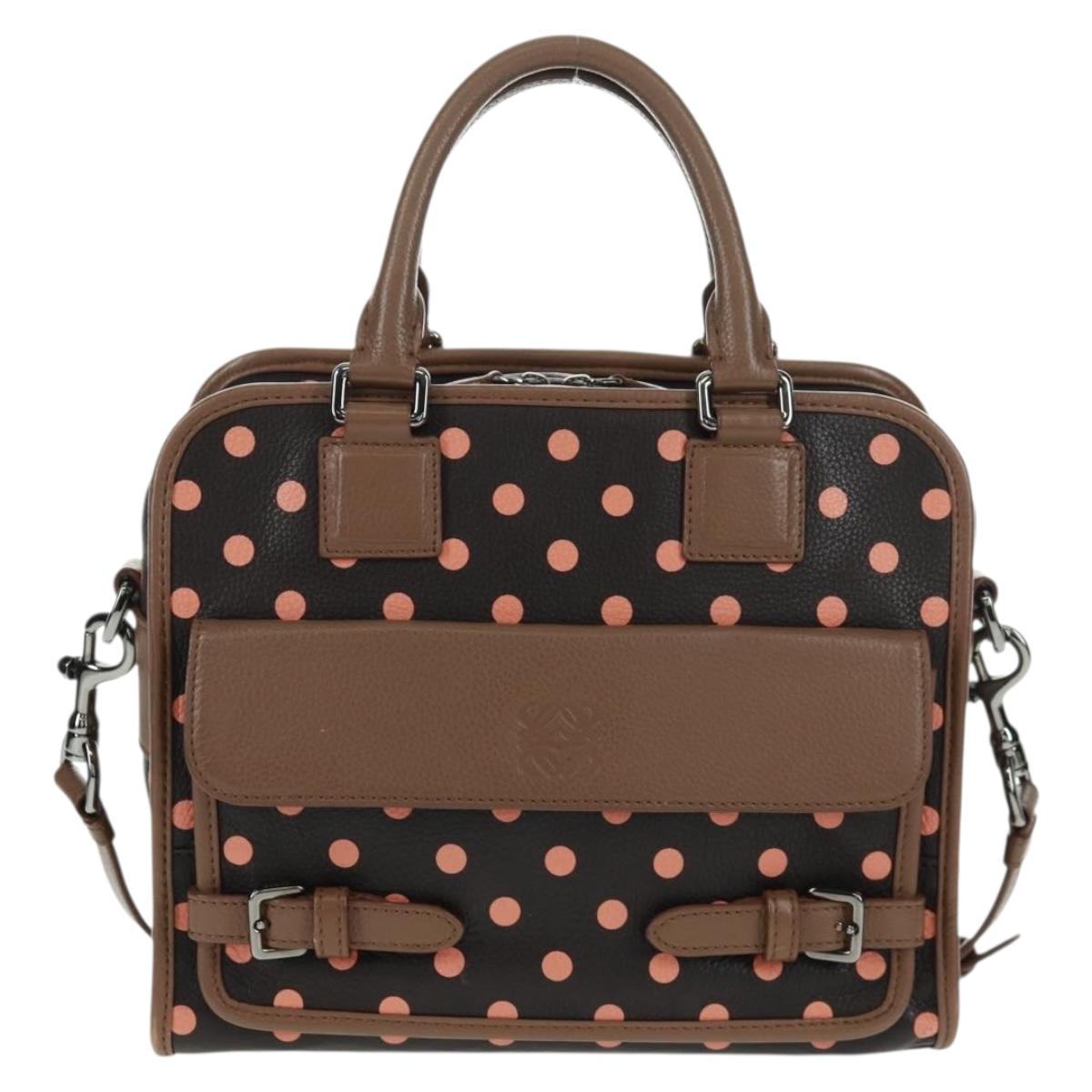LOEWE Cruz Hand Bag Leather 2way Dark Brown Silver Auth 165392M