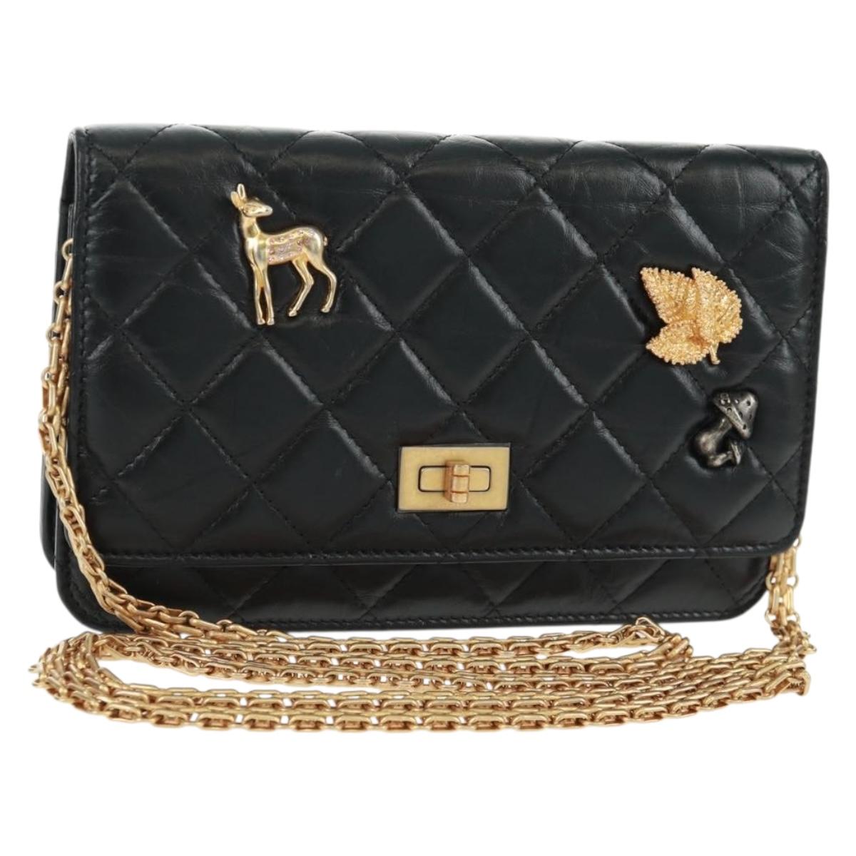 CHANEL Chain Matelasse 2.55 Shoulder Bag Leather Black Gold CC Auth 165409V