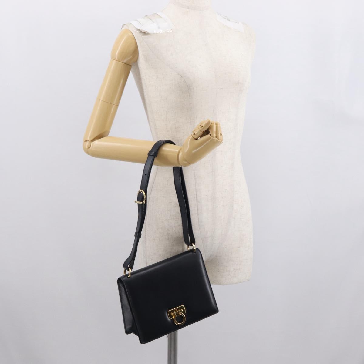 Salvatore Ferragamo Gancini Shoulder Bag Leather Navy Gold Auth 165428