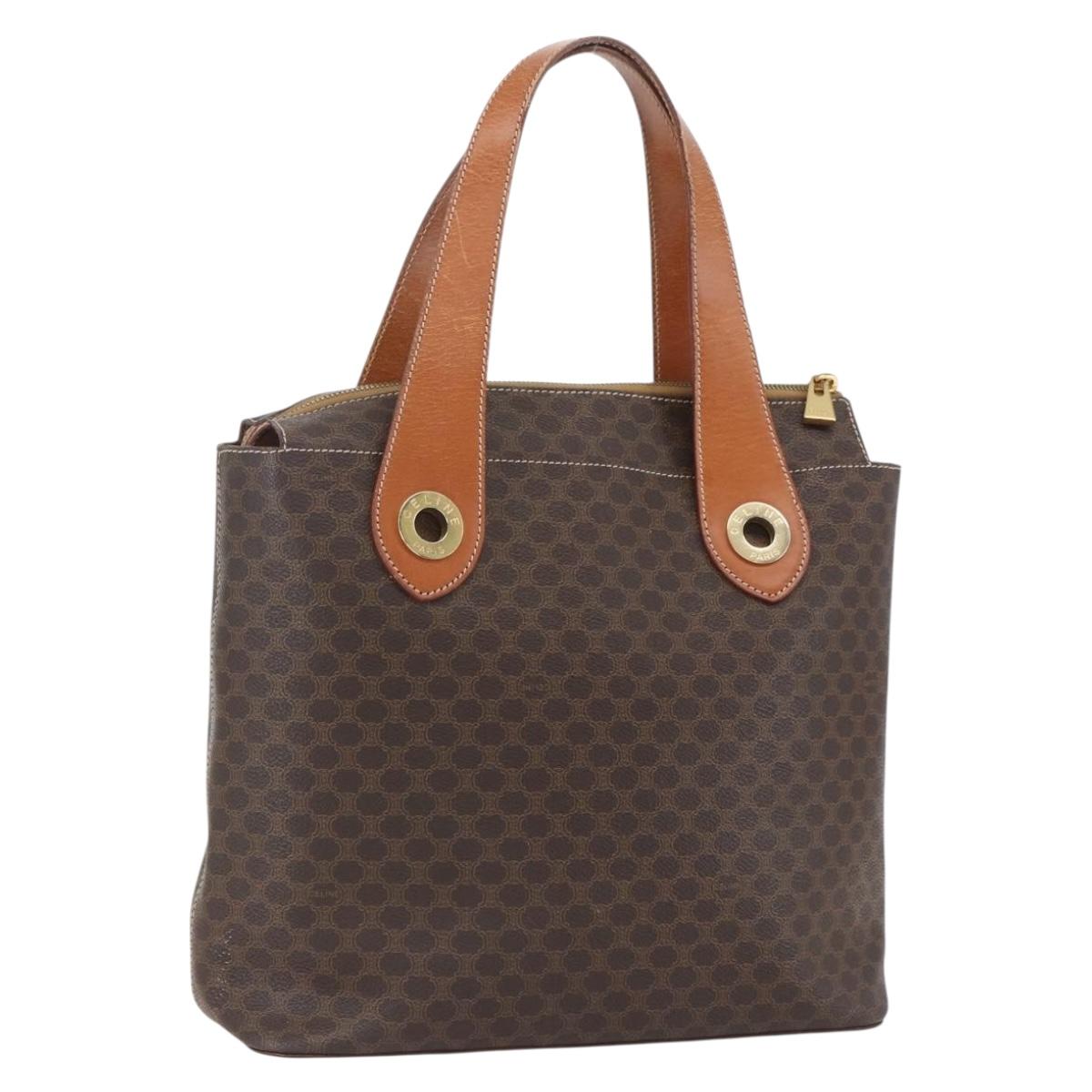 CELINE Macadam Canvas Hand Bag PVC Leather Brown Gold Auth 165448