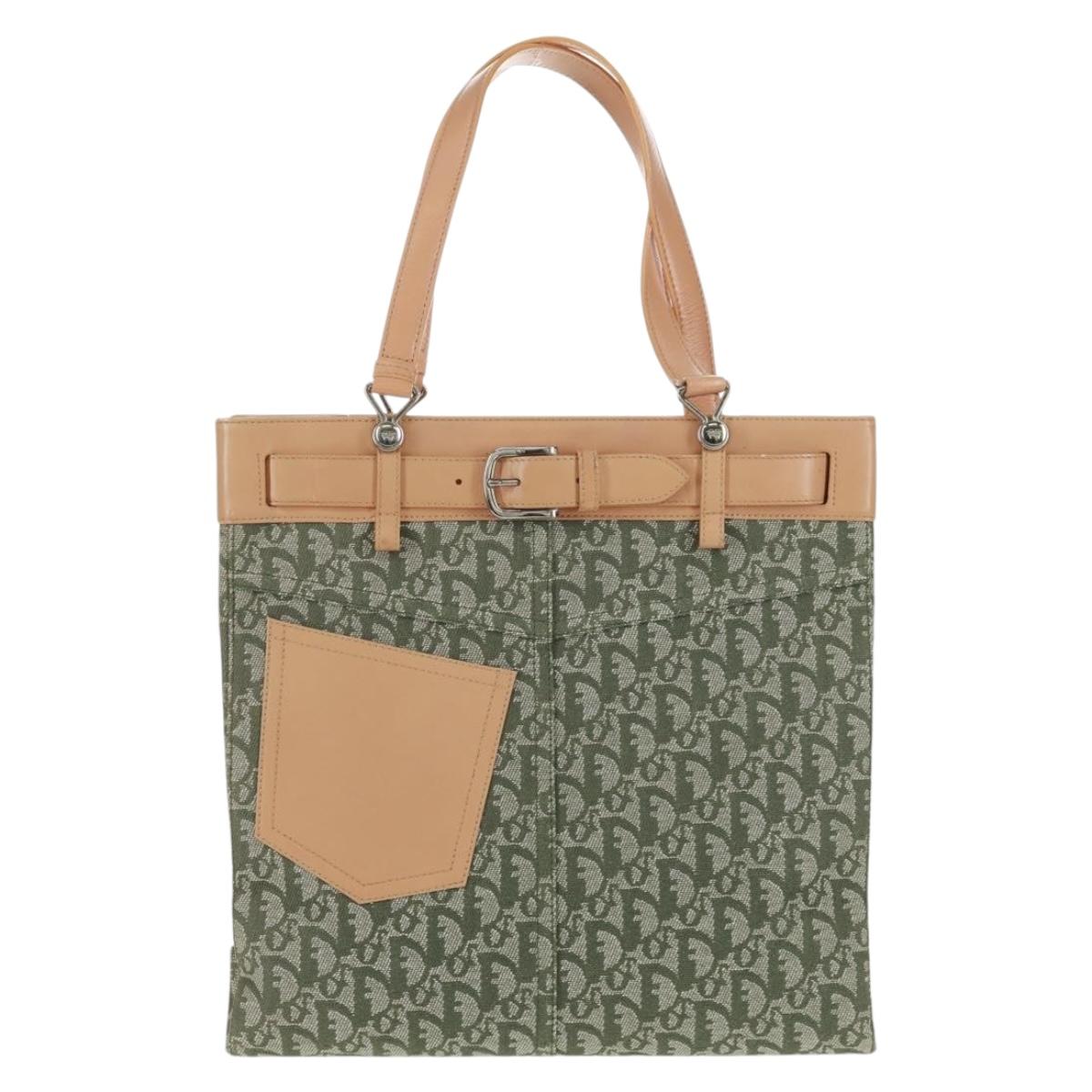 Christian Dior Trotter Canvas Tote Bag Green Silver Auth 165477V
