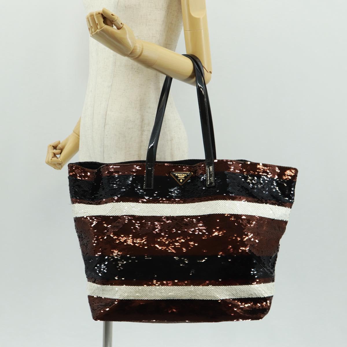PRADA Sequin Tote Bag Nylon Gold Black Auth 165478V