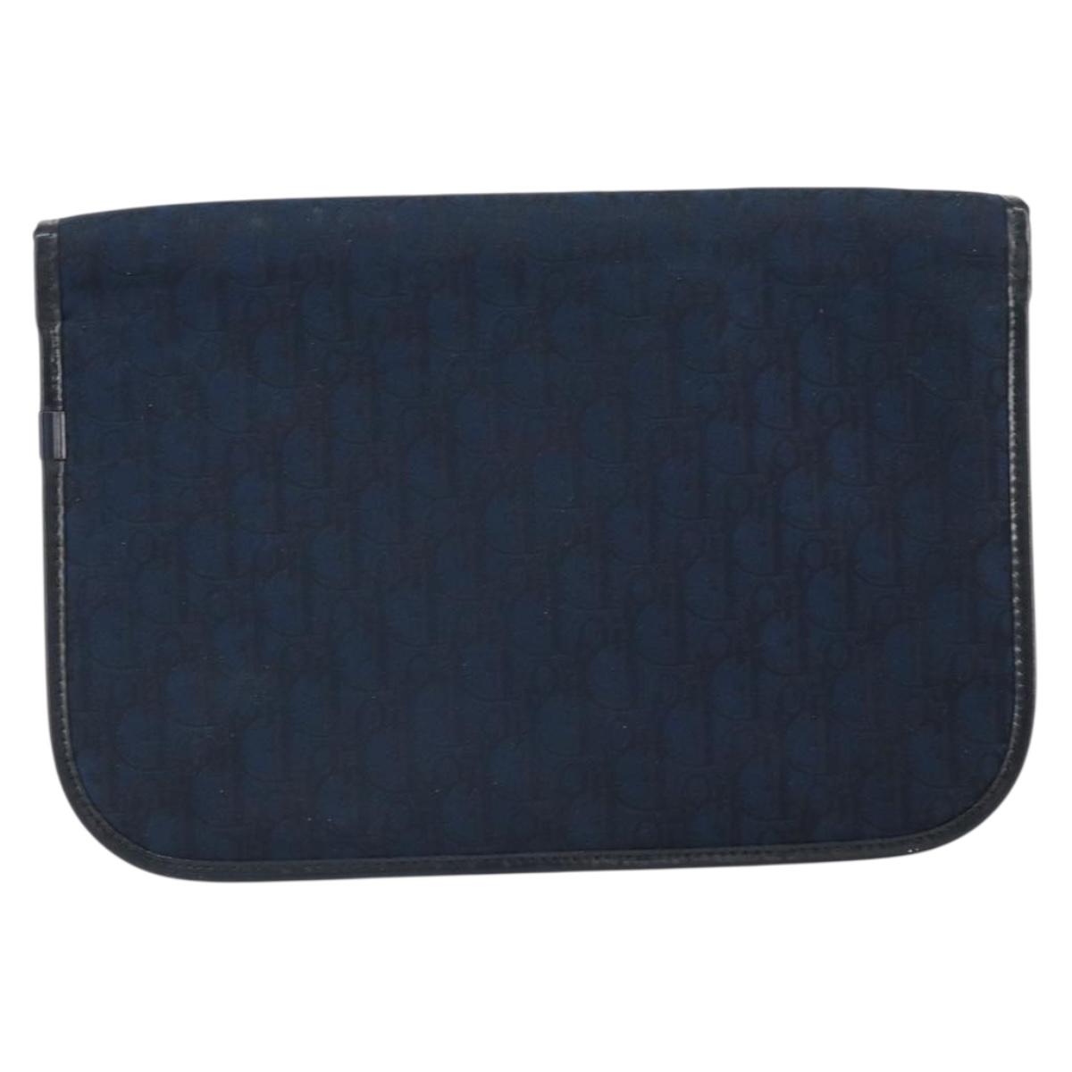 Christian Dior Trotter Canvas Clutch Bag Navy Gold Auth 165497