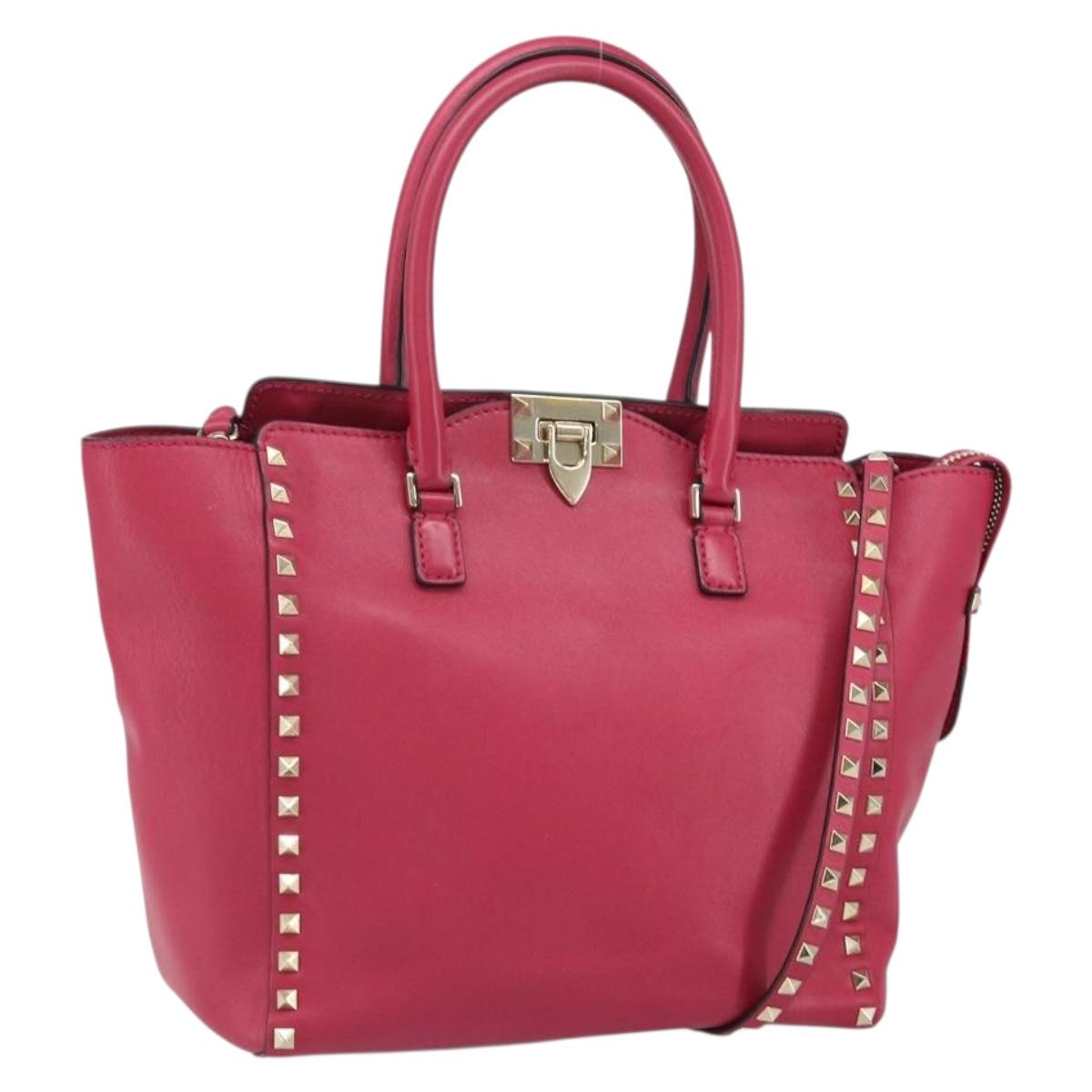 VALENTINO Rock Studs Hand Bag Leather 2way Pink Gold Auth 165535