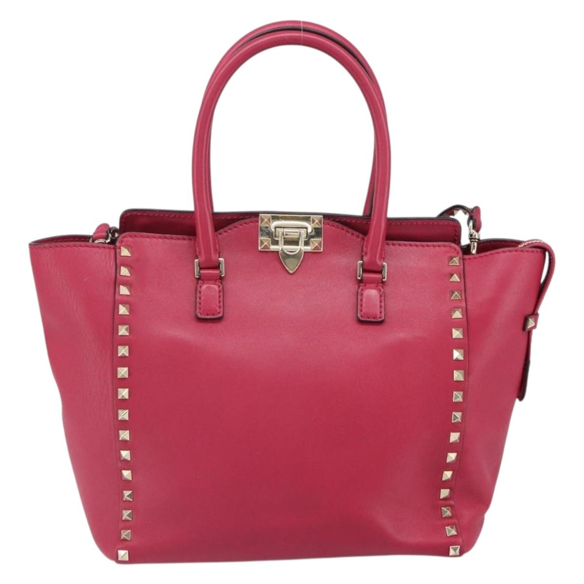 VALENTINO Rock Studs Hand Bag Leather 2way Pink Gold Auth 165535