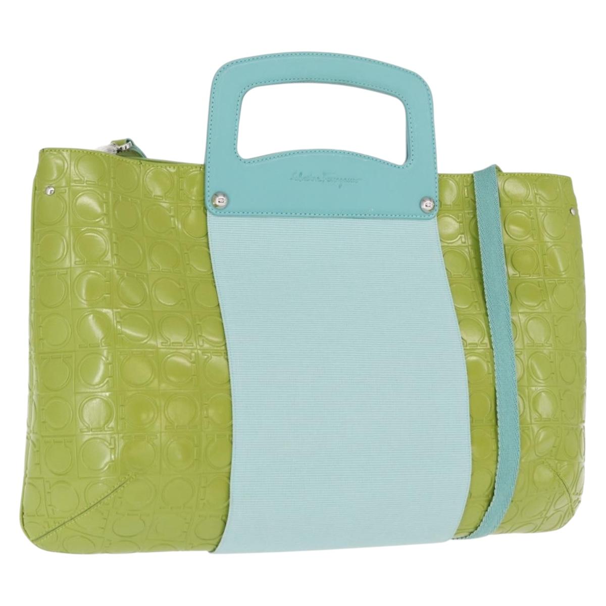 Salvatore Ferragamo Hand Bag Patent leather 2way Green Silver Auth 165620