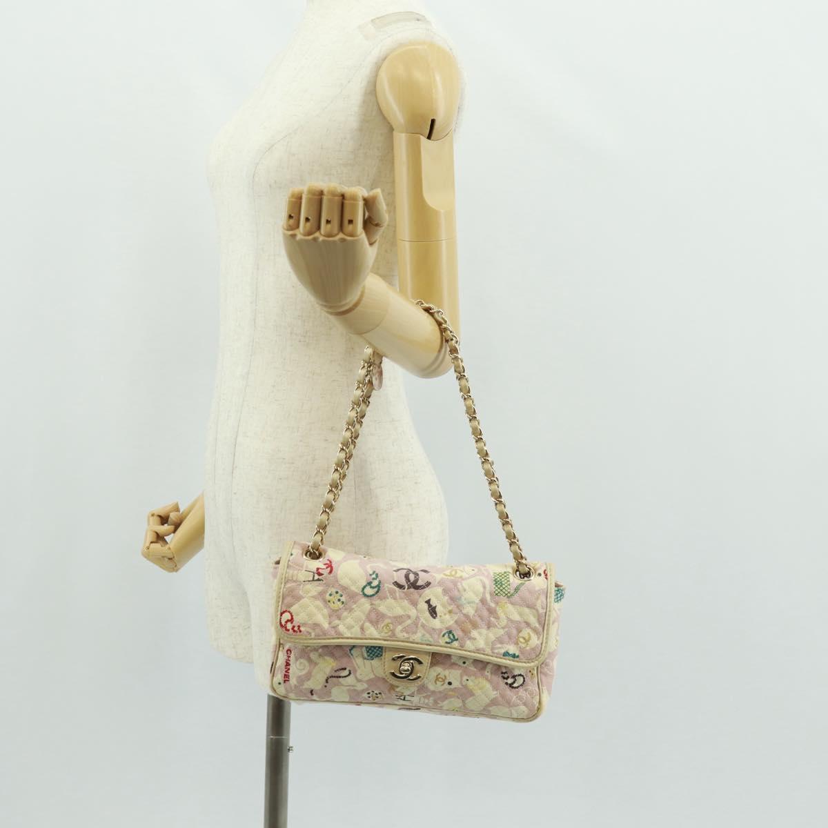 CHANEL Matelasse 25 Single Flap Chain Bag Canvas Beige Gold CC Auth 165652SAV