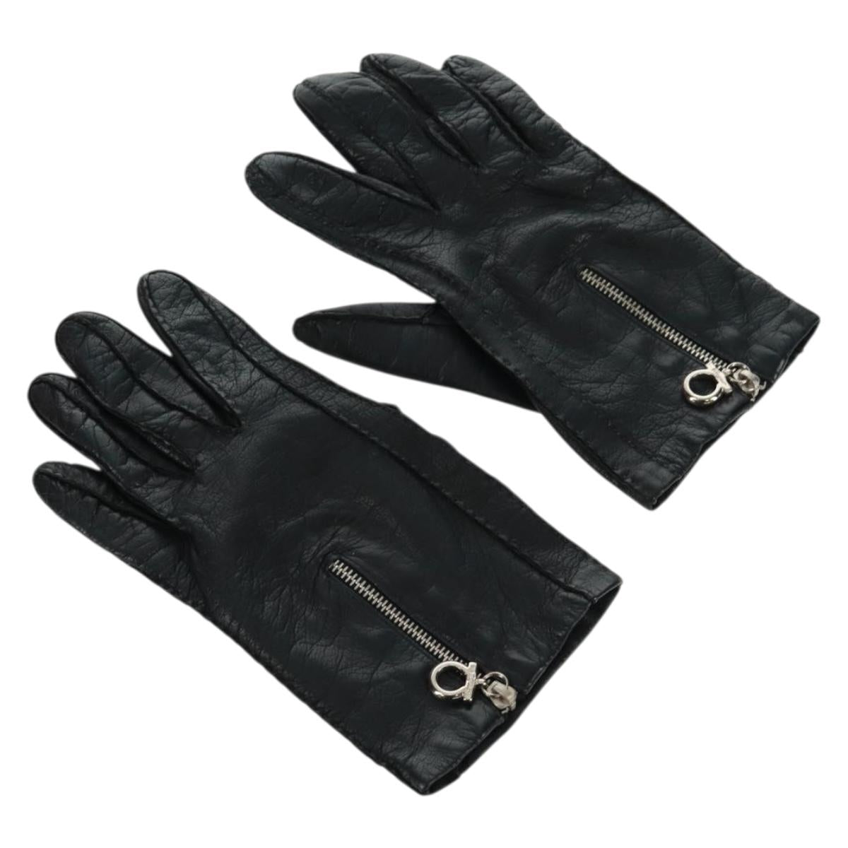 Salvatore Ferragamo Gancini Gloves Leather Black Auth 165653M