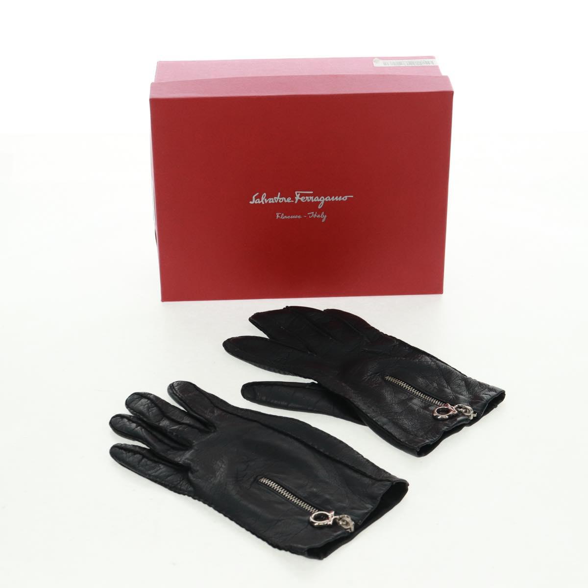 Salvatore Ferragamo Gancini Gloves Leather Black Auth 165653M
