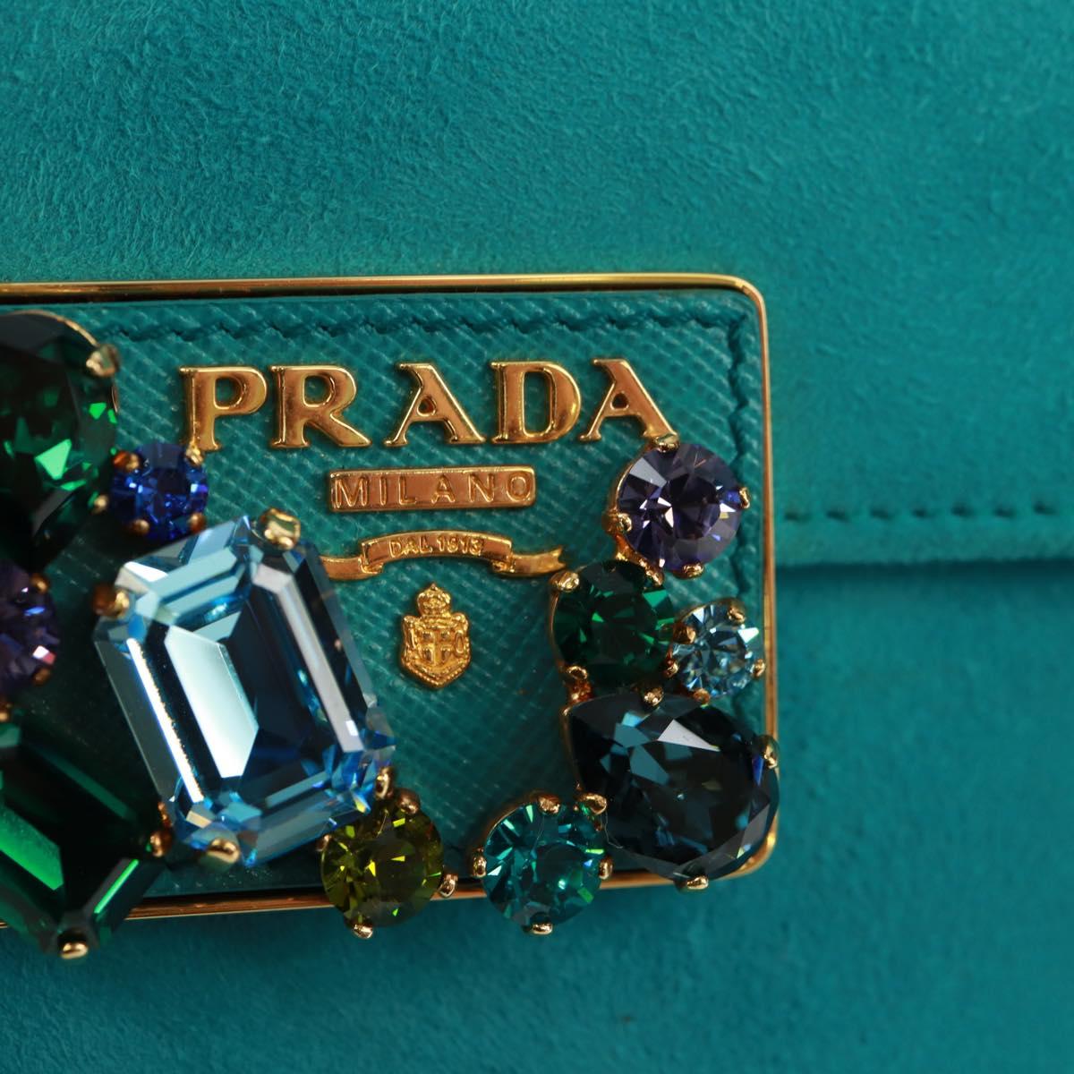 PRADA Hand Bag Suede Turquoise Blue Gold Auth 165751SAV