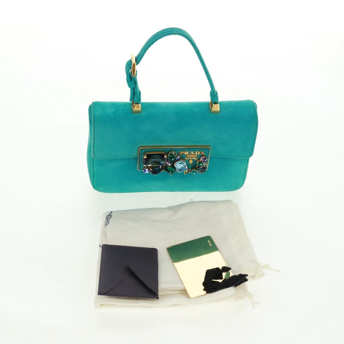 PRADA Hand Bag Suede Turquoise Blue Gold Auth 165751SAV