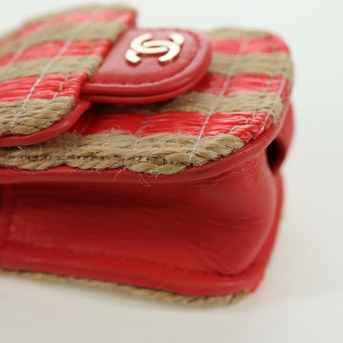 CHANEL AirPods Case Neck Pouch Raffia Red Gold CC Auth 165839SAM
