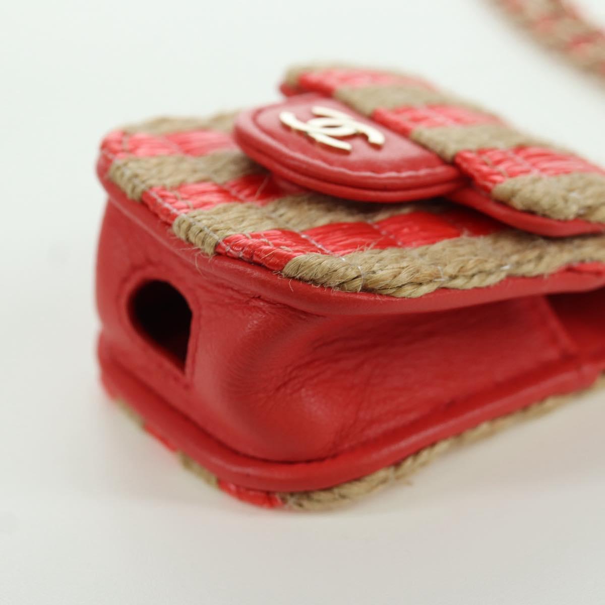 CHANEL AirPods Case Neck Pouch Raffia Red Gold CC Auth 165839SAM