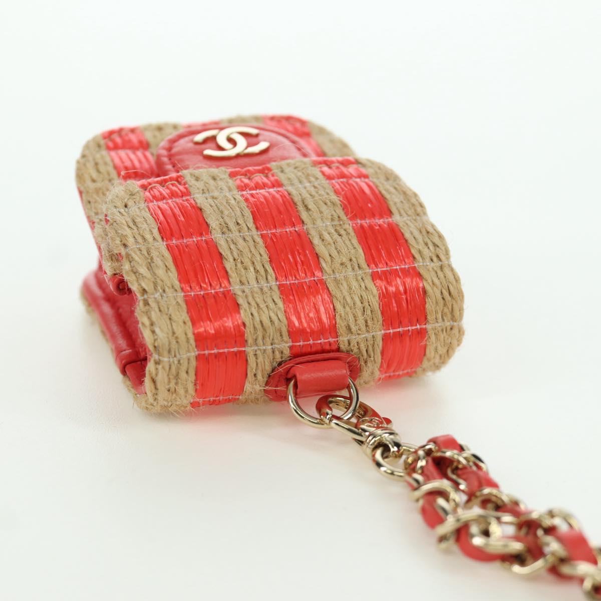 CHANEL AirPods Case Neck Pouch Raffia Red Gold CC Auth 165839SAM
