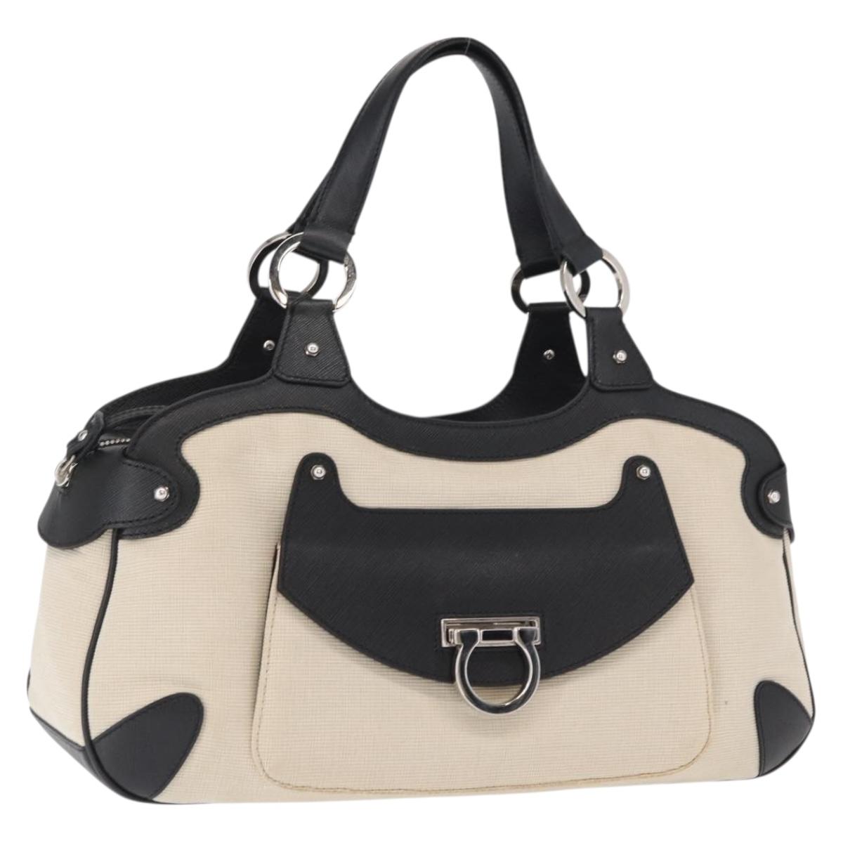 Salvatore Ferragamo Gancini Hand Bag Canvas Ivory Silver Auth 165851